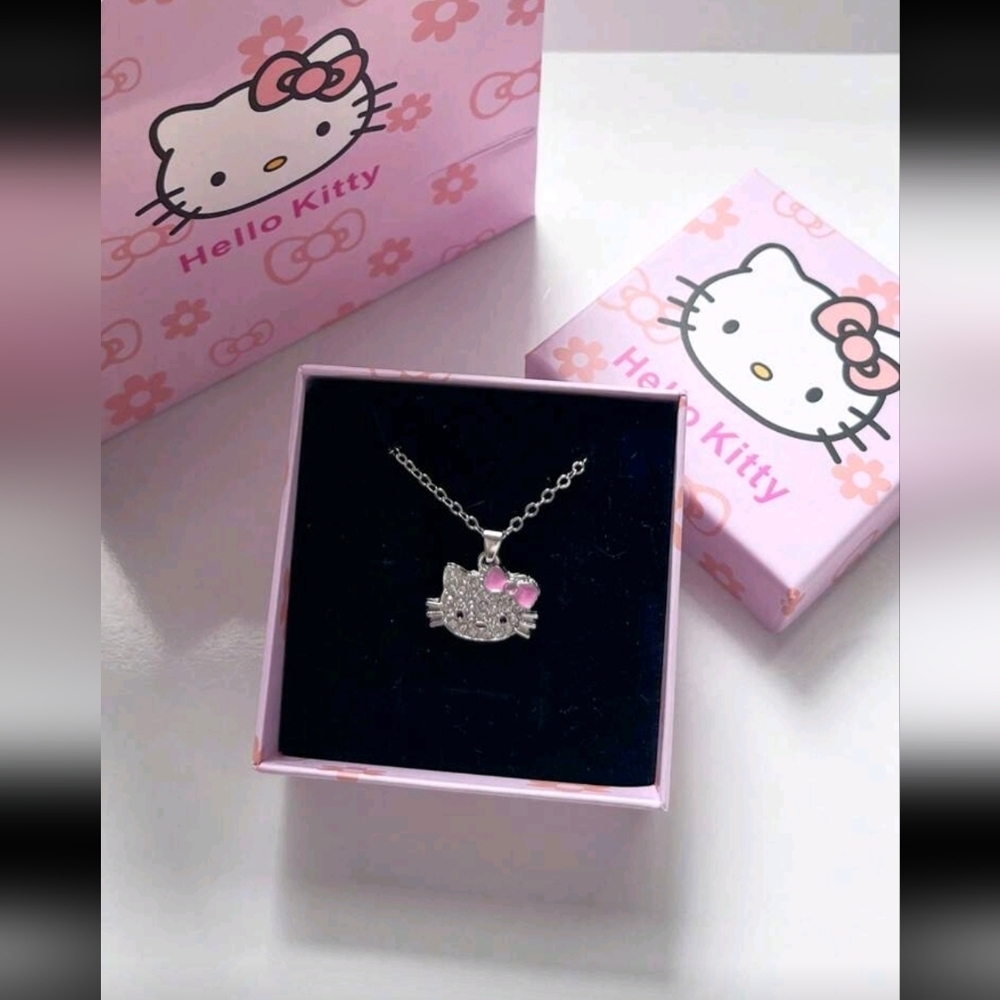 Hello Kitty Silver Pendant Necklace with Pink Bow